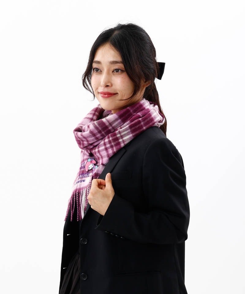 【 ANNA SUI（アナ スイ）】マイメロディ&クロミ 刺しゅうブローチ付きチェックマフラー