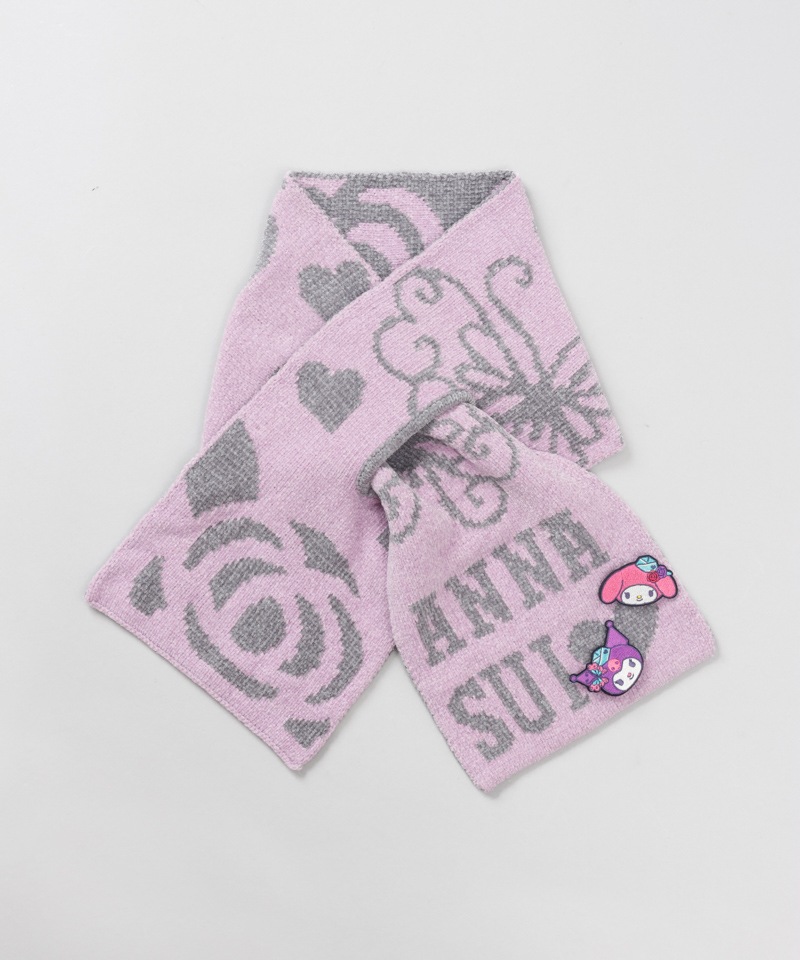 【 ANNA SUI（アナ スイ）】マイメロディ&クロミ 刺しゅうブローチ付きモールニットマフラー