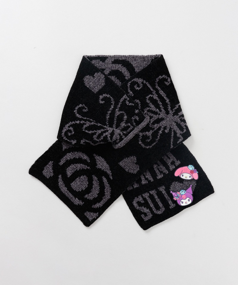 【 ANNA SUI（アナ スイ）】マイメロディ&クロミ 刺しゅうブローチ付きモールニットマフラー