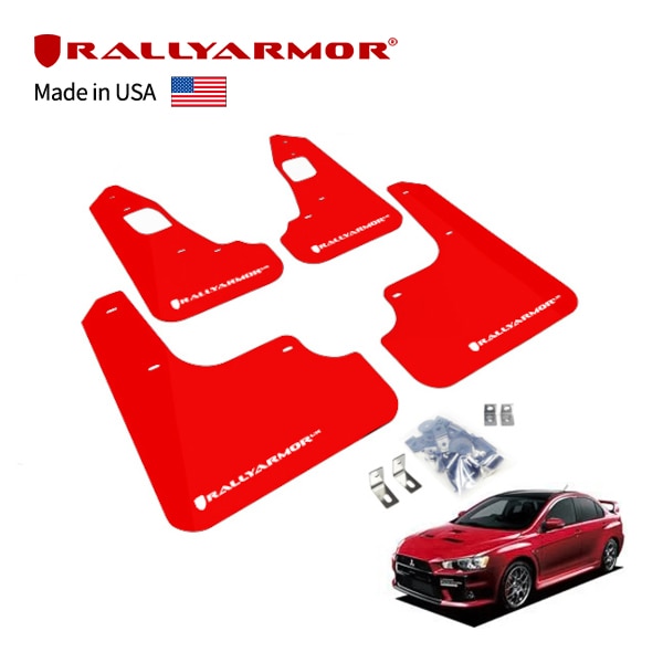 【RallyArmor 正規品】マッドフラップ 泥除け マッドガード フロント リア 1台分 4枚セット ポリウレタン製 レッド RallyArmorロゴ入 07-15y(平成19年10月～平成27年9月) 三菱 ランサーエボリューション ランエボ X CZ4A ラリーアーマー　