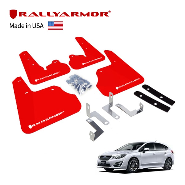 【RallyArmor 正規品】マッドフラップ 泥除け マッドガード フロント リア 1台分 4枚セット ポリウレタン製 レッド RallyArmorロゴ入 12-14y(平成24年7月～平成26年8月) スバル インプレッサ インプレッサスポーツ GP/GJ系 ラリーアーマー　