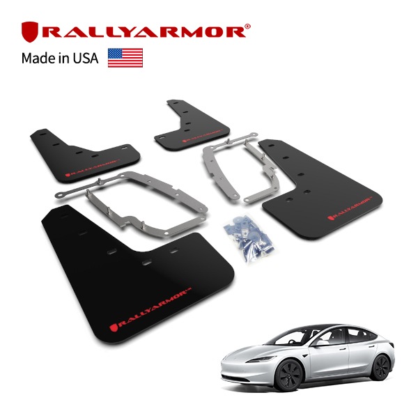 【RallyArmor 正規品】マッドフラップ 泥除け マッドガード フロント リア 1台分 4枚セット ポリウレタン製 ブラック RallyArmorロゴ入 17y-(平成29年7月~現行) テスラ モデル3 ラリーアーマー