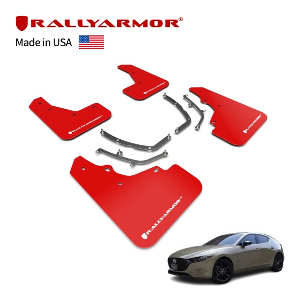【RallyArmor 正規品】マッドフラップ 泥除け マッドガード フロント リア 1台分 4枚セット ポリウレタン製 レッド RallyArmorロゴ入 19y-(平成31年5月～現行) マツダ MAZDA3 BP系 ラリーアーマー　