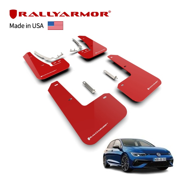 【RallyArmor 正規品】マッドフラップ 泥除け マッドガード フロント リア 1台分 4枚セット ポリウレタン製 レッド RallyArmorロゴ入 22-24y(令和4年1月〜令和6年7月) フォルクスワーゲン ゴルフGTI 22y-(令和4年10月〜現行) ゴルフR MK8 ラリーアーマー　