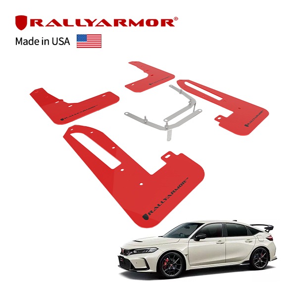 【RallyArmor 正規品】 マッドフラップ 泥除け マッドガード フロント リア 1台分 4枚セット ポリウレタン製 レッド RallyArmorロゴ入 22y-(令和4年9月～現行) ホンダ シビックタイプR FL系 ラリーアーマー