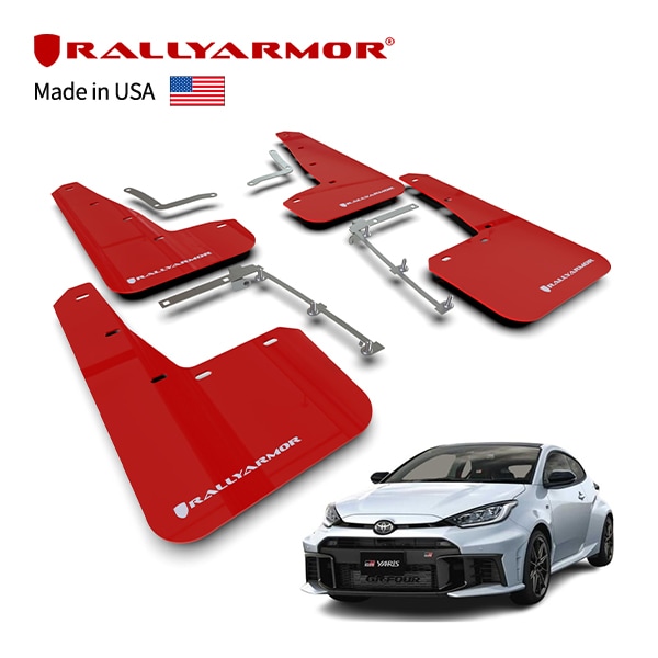 【Rally Armor 正規品】 トヨタ GRヤリス 10系 マッドフラップ マッドガード スプラッシュガード フロント リア 1台分 4枚セット ポリウレタン製 レッド ホワイトロゴ ラリーアーマー