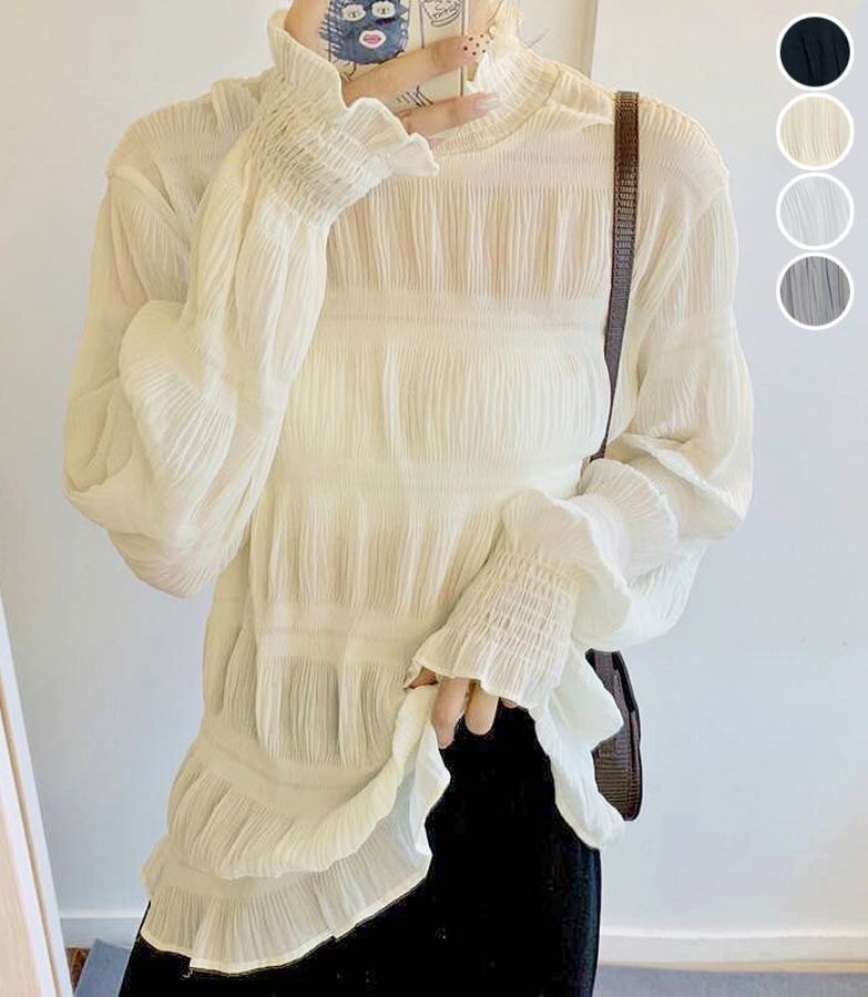 【新色グレー追加】シャーリングシフォントップス