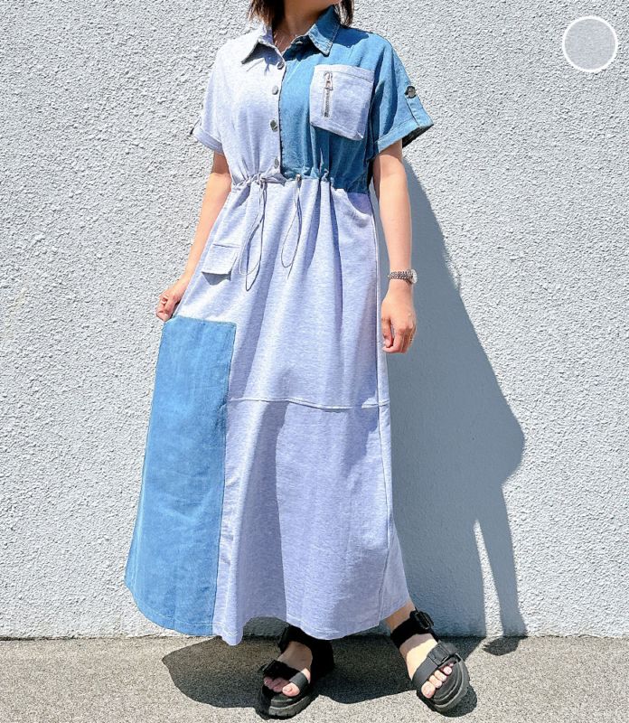 ウエスト絞りデニム切替ワンピース