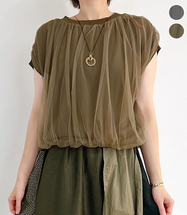 チュール重ねノースリトップス