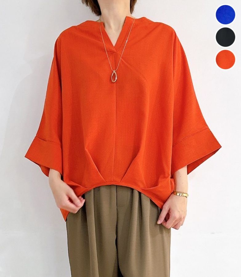 麻ライクキーネックタックブラウス