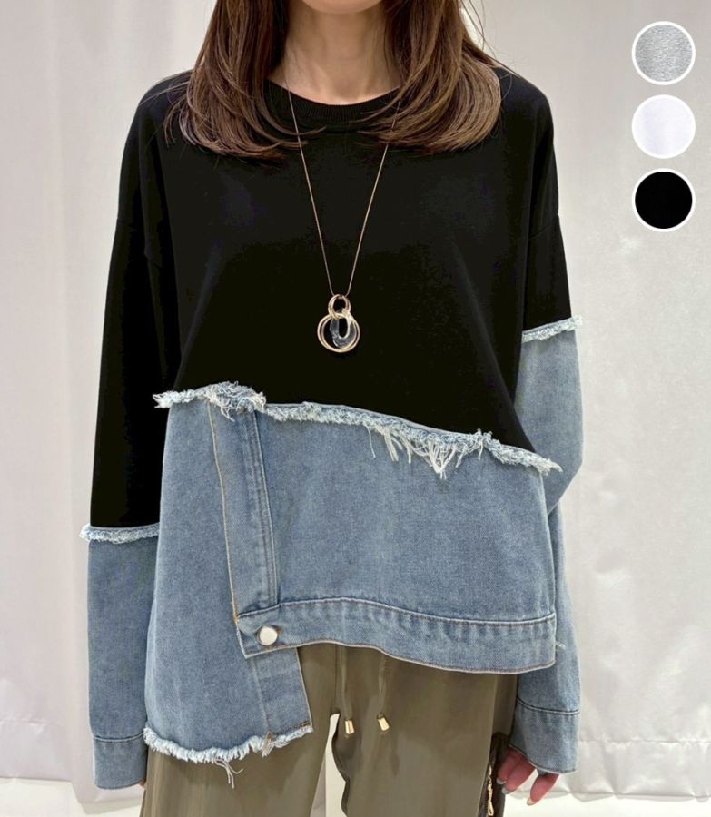 デニムxスエット切替プルオーバー