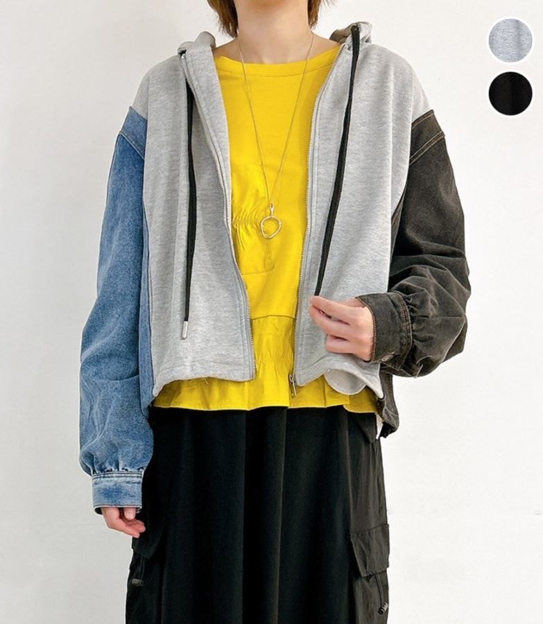 サイドデニム切替ZIPUPパーカー