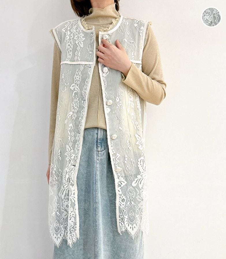 デニムxレースドッキングジレ