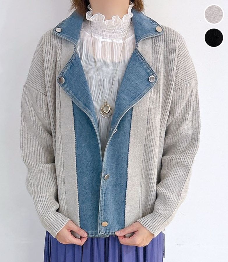 デニム切替ライダースニット