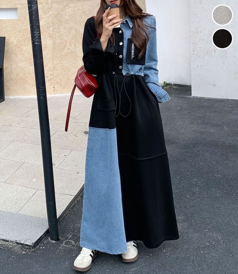 ドロストデニム切替長袖ワンピース