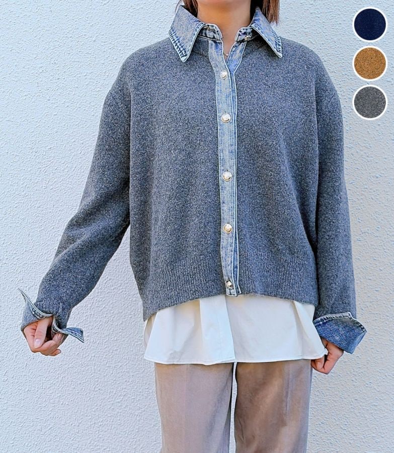 デニム襟ボタンニットカーデ