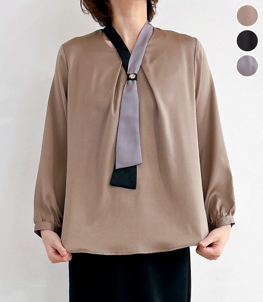 バイカラー リボンブラウス