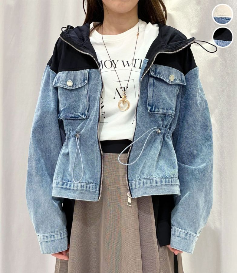 異素材フーディーデニムジャケット