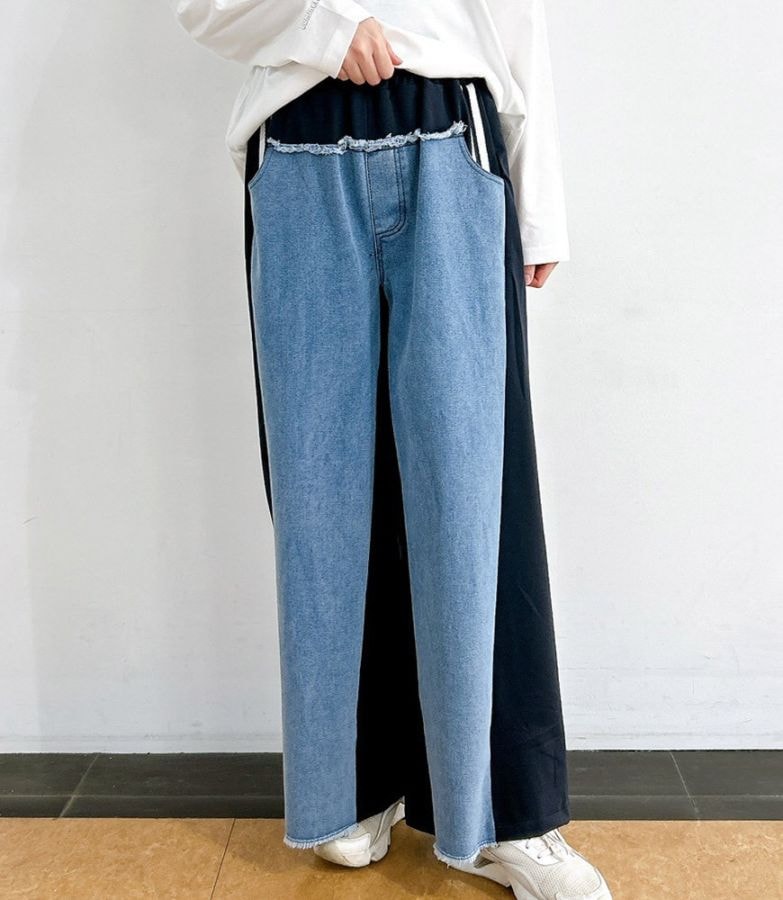 デニム配色切替ワイドパンツ