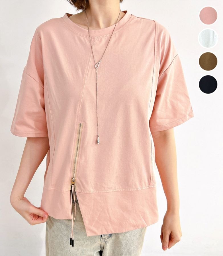 前ジップアシメヘムTシャツ