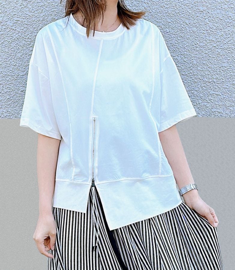 前ジップアシメヘムTシャツ