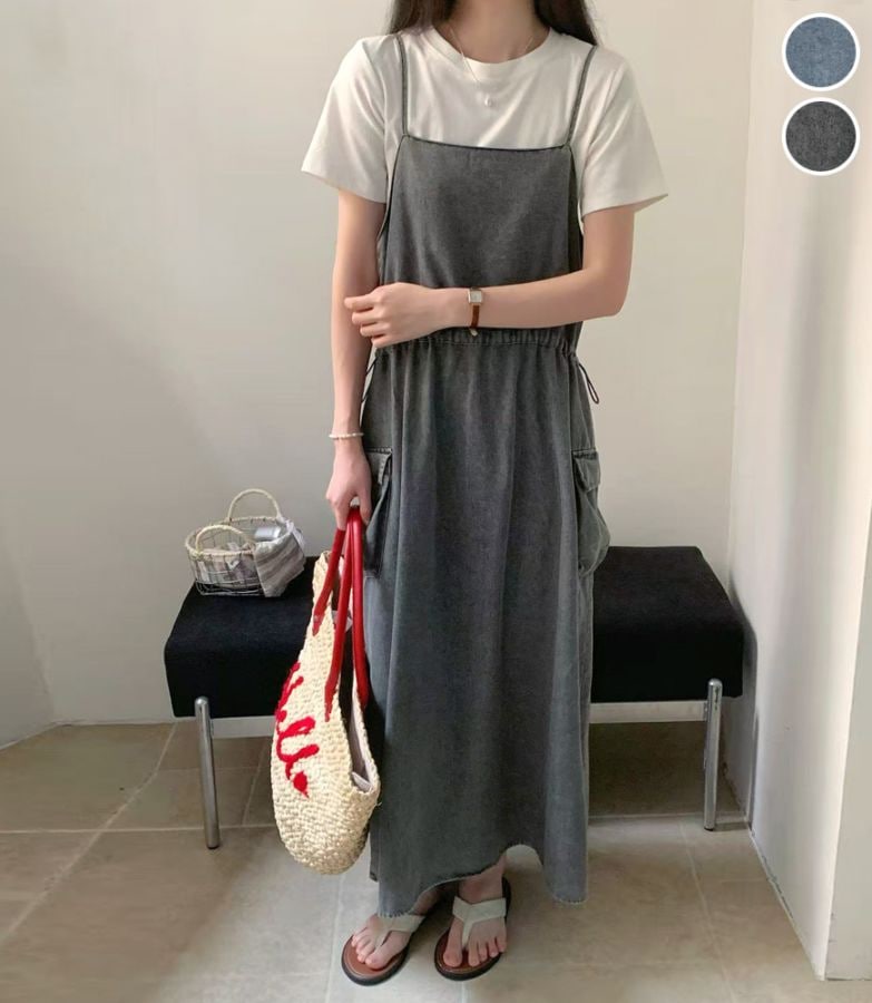 ウエストドロストデニムキャミワンピ