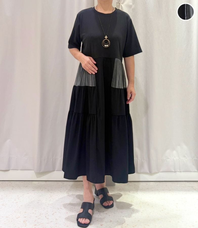 サイド異素材切替ティアードワンピース