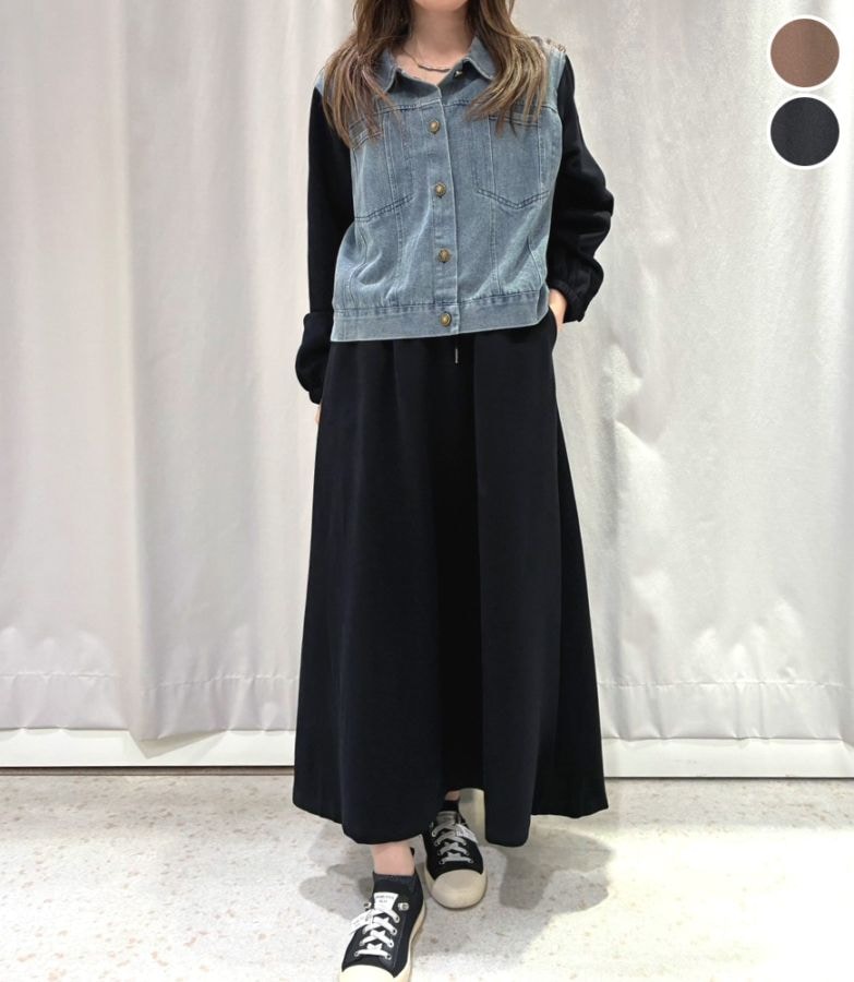 デニム切替トップス+スカートセット