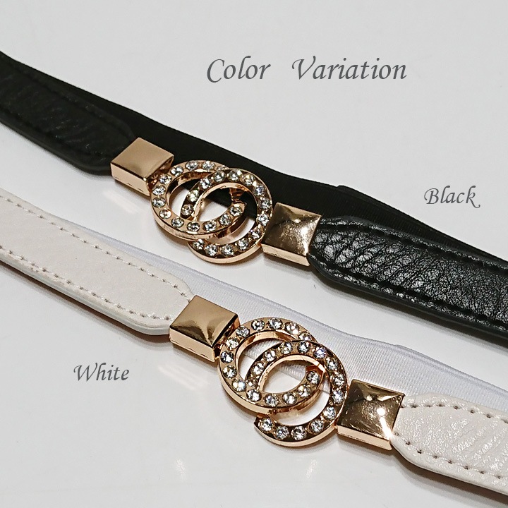 ラインストーン リングバックル細ゴムベルト