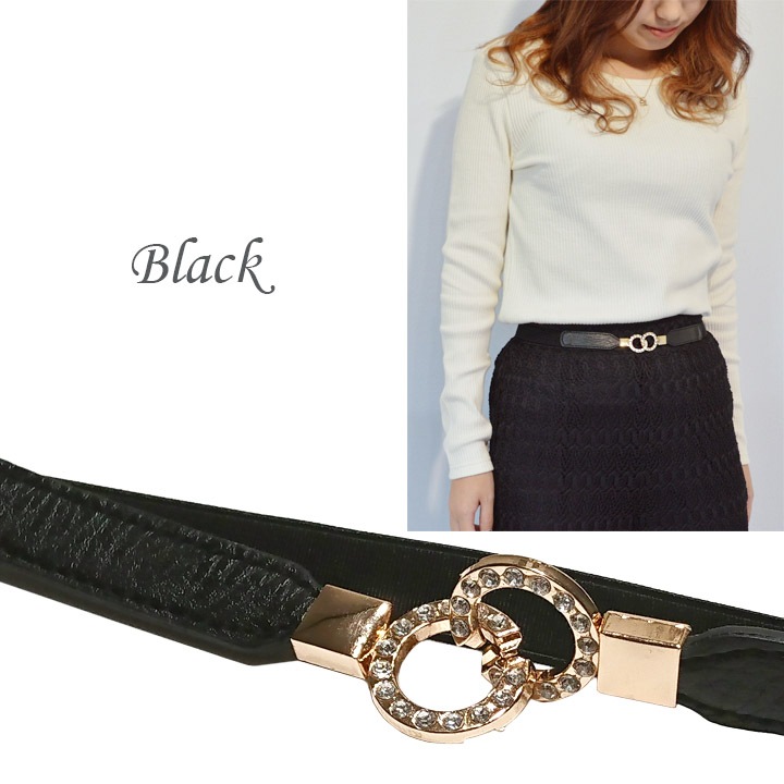 ラインストーン リングバックル細ゴムベルト