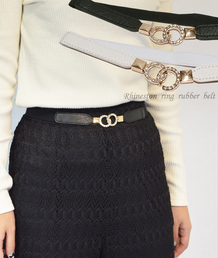 ラインストーン リングバックル細ゴムベルト