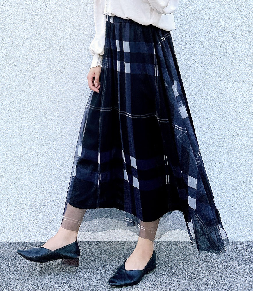 チェック柄チュールスカート