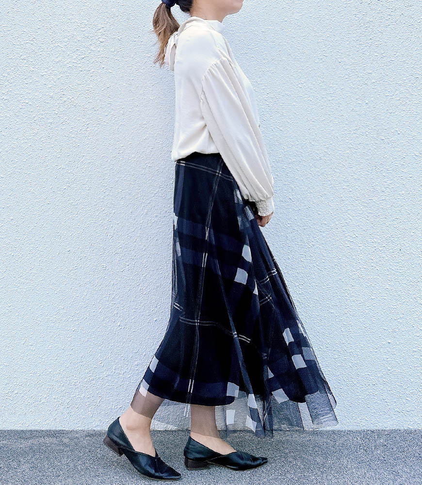 チェック柄チュールスカート