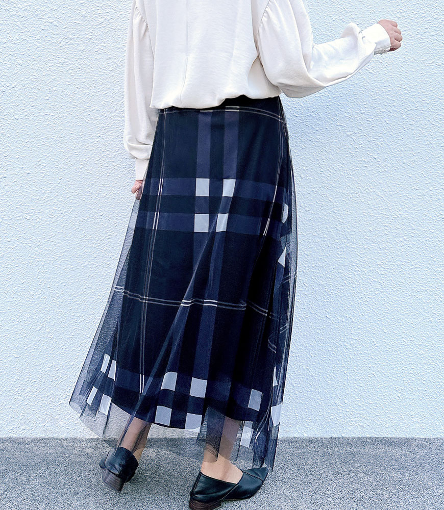 チェック柄チュールスカート