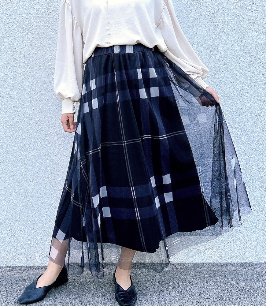 チェック柄チュールスカート