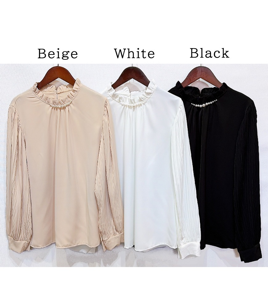 パールネックプリーツ袖ブラウス