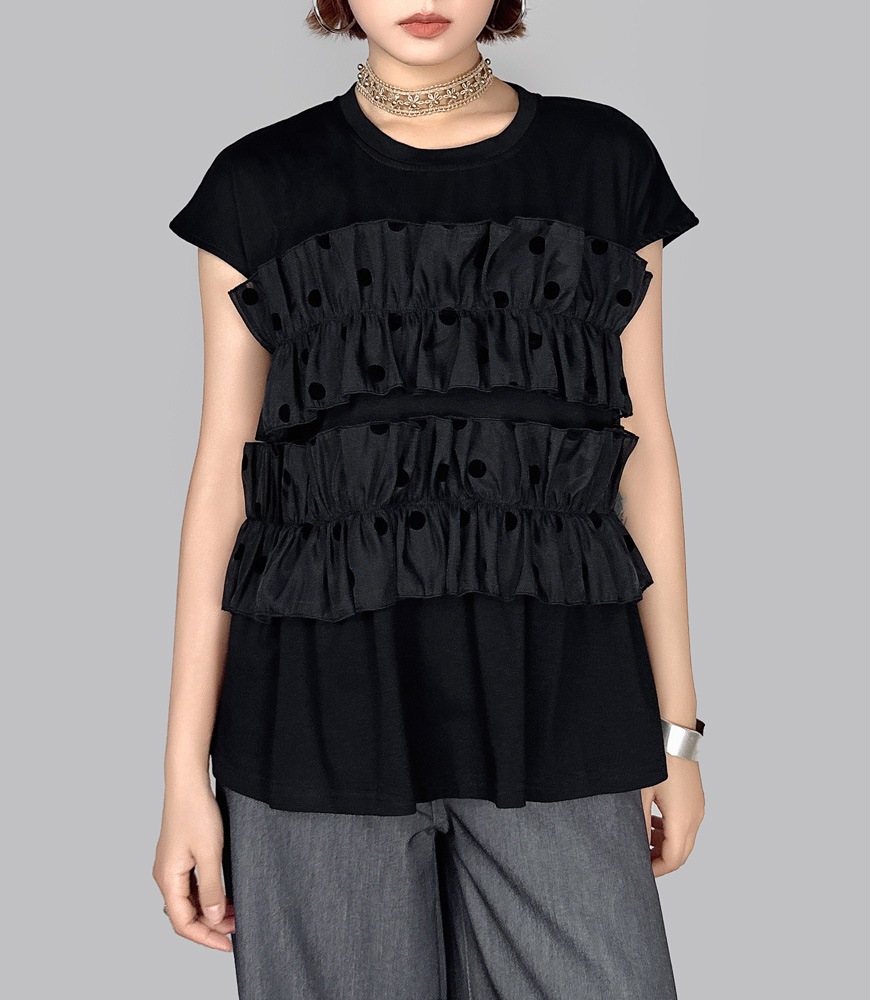 ドット柄フリルフレンチ袖トップス | トップス,Tシャツ・カットソー