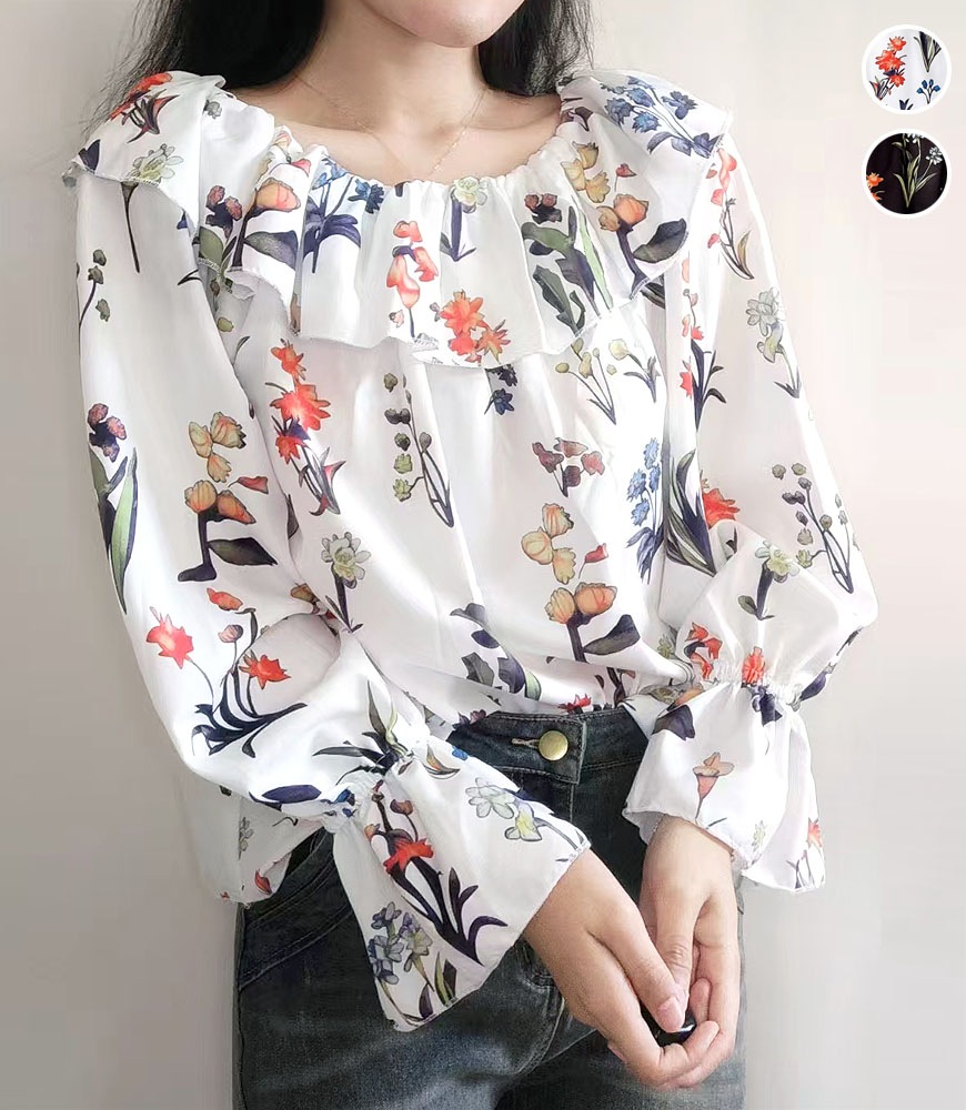 ボタニカル柄フリルブラウス