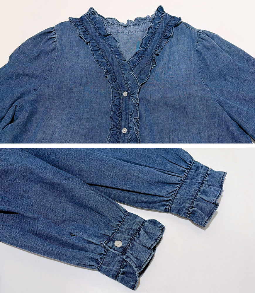 Vネックフリルデニムシャツ