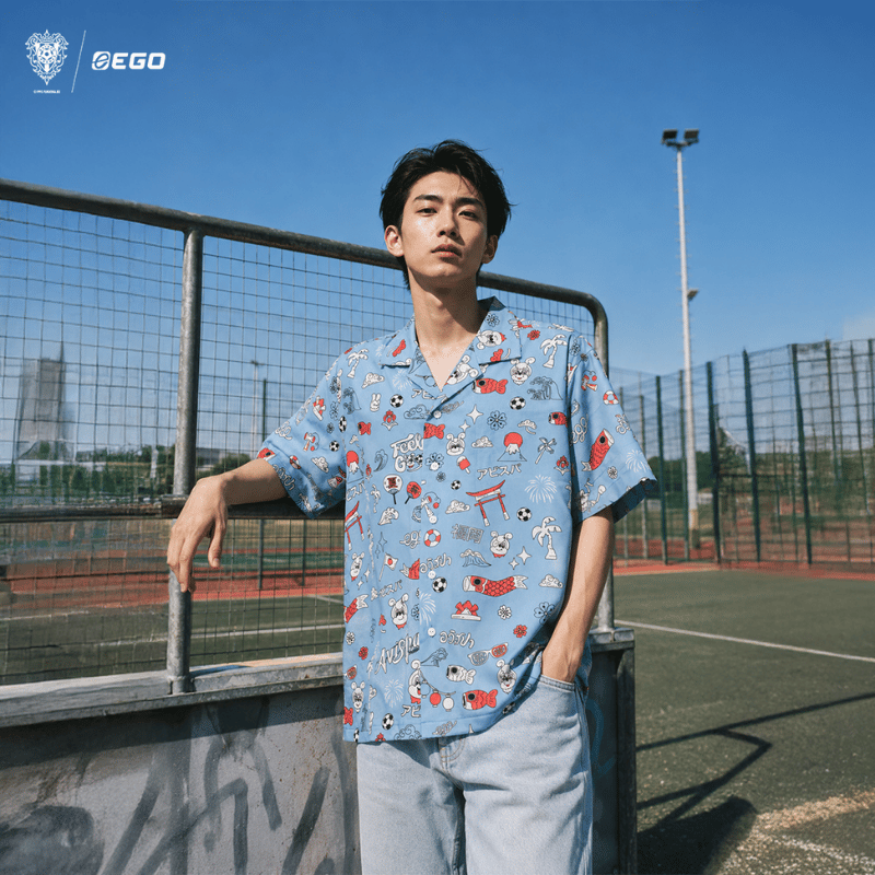AE-614 Button down Hawaii Shirt Color Light Blue