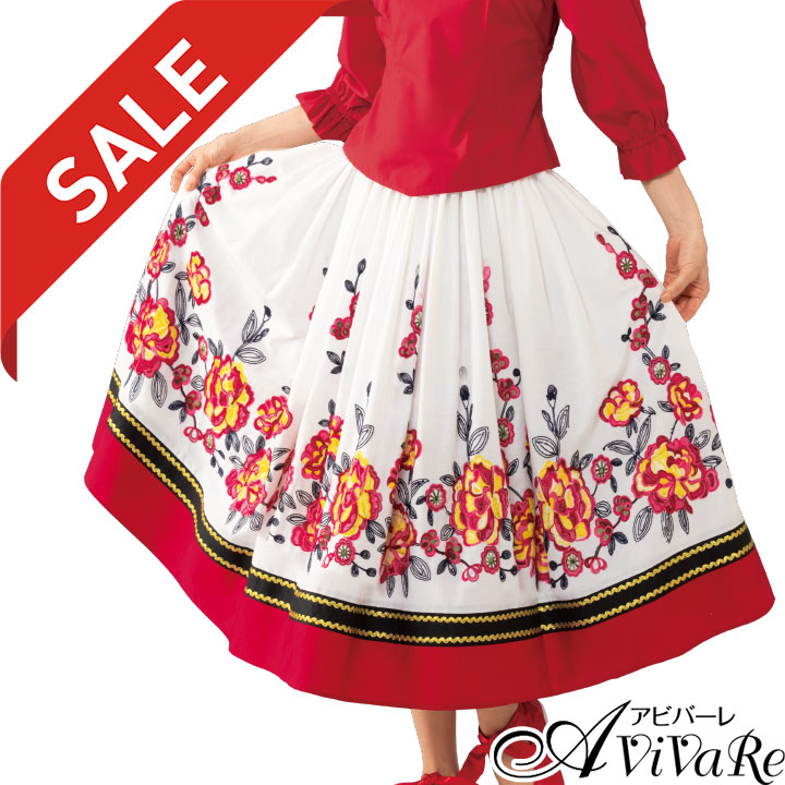 極美品　社交　フォーク　ダンススカート　(F) 花柄　ロング丈　フレア　刺繍　赤 極美品 社交 フォーク ダンススカート (F) 花柄 ロング丈 フレア