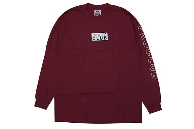 PRO CLUB HEAVYWEIGHT L/S EMBROIDERED BOX LOGO T-SHIRT (BURGUNDY) 114EMB