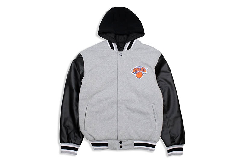JH Design NEW YORK KNICKS REVERSIBLE FLEECE AND FAUX LEATHER HOODED JACKET (953-GTT8:GREY/BLACK)