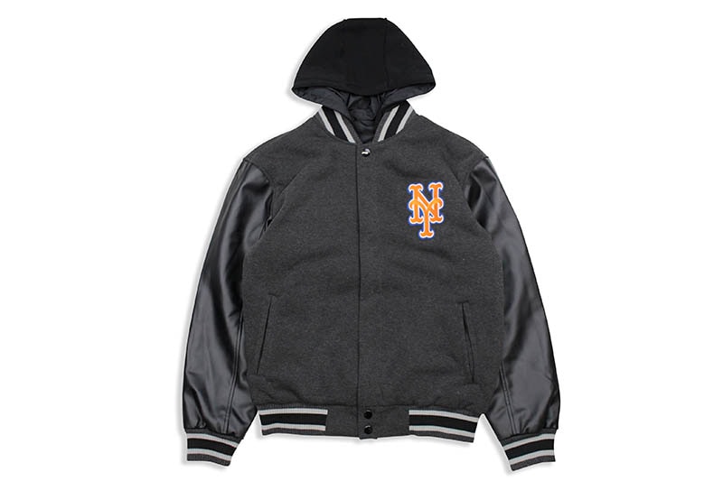 JH Design NEW YORK METS REVERSIBLE FLEECE AND FAUX LEATHER HOODED JACKET (953-GTT8:CHARCOAL/BLACK)