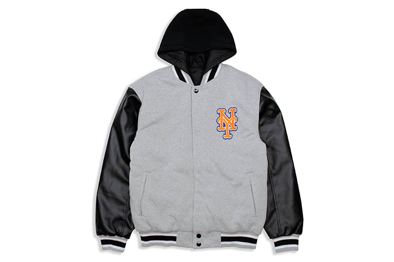 JH Design NEW YORK METS REVERSIBLE FLEECE AND FAUX LEATHER HOODED JACKET (953-GTT8:GREY/BLACK)