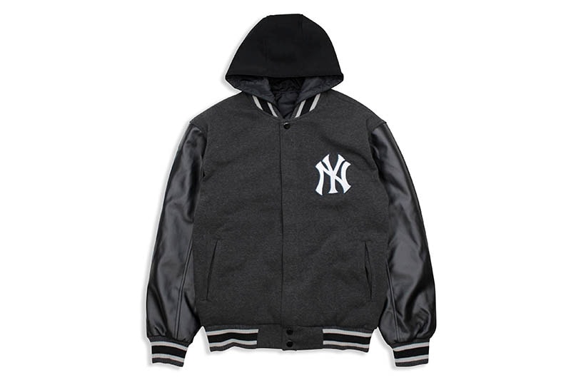 JH Design NEW YORK YANKEES REVERSIBLE FLEECE AND FAUX LEATHER HOODED JACKET (953-GTT8:CHARCOAL/BLACK)
