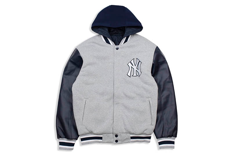 JH Design NEW YORK YANKEES REVERSIBLE FLEECE AND FAUX LEATHER HOODED JACKET (953-GTT8:GREY/NAVY)