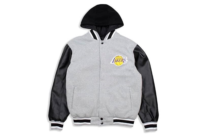 JH Design LOS ANGELES LAKERS REVERSIBLE FLEECE AND FAUX LEATHER HOODED JACKET (953-GTT8:GREY/BLACK)