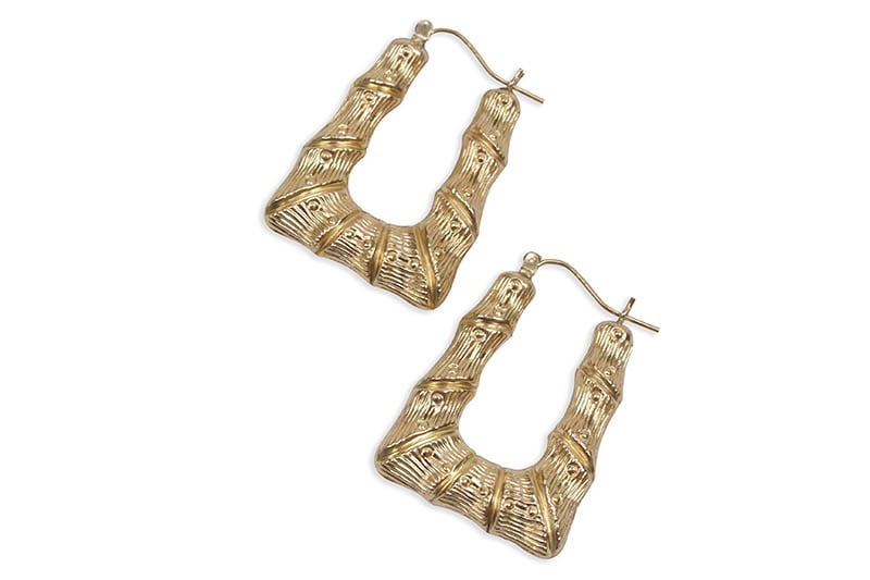 10K YELLOW GOLD SQUARE BAMBOO HOOP EARRINGS #305