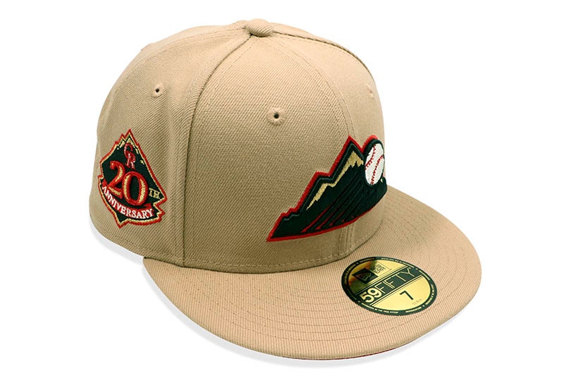 NEW ERA COLORADO ROCKIES 59FIFTY FITTED CAP (20TH ANNIVERSARY CUSTOM SIDE PATCH/SCARLET UNDER VISOR/CAMEL)